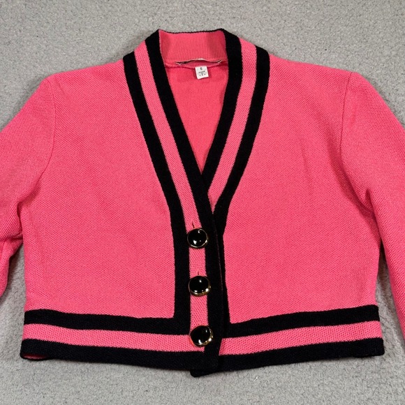 St John Marie Gray Pink Black Trim Cropped Cardigan Sweater Size 6 Santana Knit - Picture 8 of 16